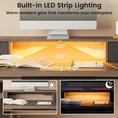 61'' L Shaped Electric Standing Desk, 360° Rotating, 4 Drawers | Height Adjustable Desk with LED Light, Monitor Riser & File Cabinet, Sit Stand Home Office Desk, Power Outlet, Black Walnut