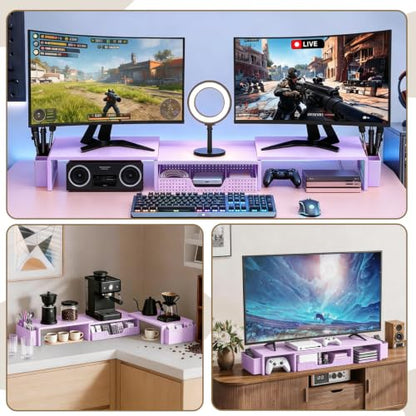 LEKETREE Dual Monitor Stand Riser with Drawer and 2 Pen Holders, Purple - color: Purple