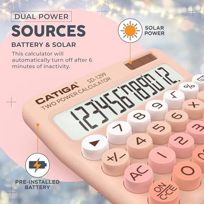 CATIGA Mechanical Switch Calculator with Solar and Battery Dual Power, 12-Digit Large LCD Display, Aesthetic and Cute Desktop Calculator with Big Button, for Home, School and Office Use, SD-1299 - color: Z) Peach