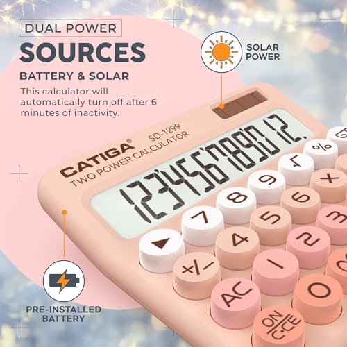 CATIGA Mechanical Switch Calculator with Solar and Battery Dual Power, 12-Digit Large LCD Display, Aesthetic and Cute Desktop Calculator with Big Button, for Home, School and Office Use, SD-1299 - color: Z) Peach