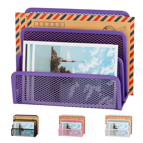Desk Mail Organizer, Office Small Desktop Metal Mesh Envelope Letter Sorter Paper File Holder Organizer with 3 Vertical Upright Compartments, Purple 1 Pack - color: Purple, size: 1 Pack
