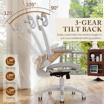 GABRYLLY Ergonomic Office Chair, High Back Home Desk Chair with Flip-Up Arms, Headrest, 90-120° Tilt and Wide Cushion, 300LBS White Mesh Chair for Work Gaming Study (GY01-NT, Woodgrain Pattern) - color: White Frame Moon Grey Mesh