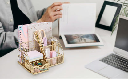 Exerz Desk Organizer Metal Mesh 7 Compartments Office Tidy Caddy Gold - color: Gold