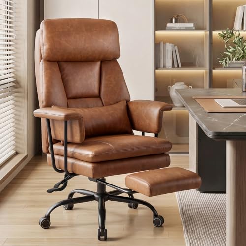 Big and Tall Office Chair, PU Leather High Back Executive Office Chair with Adjustable Lumbar Support, Gaming Chair with Padded Arm and Pillow, Height Adjustment, Footrest, Brown - color: Brown-1