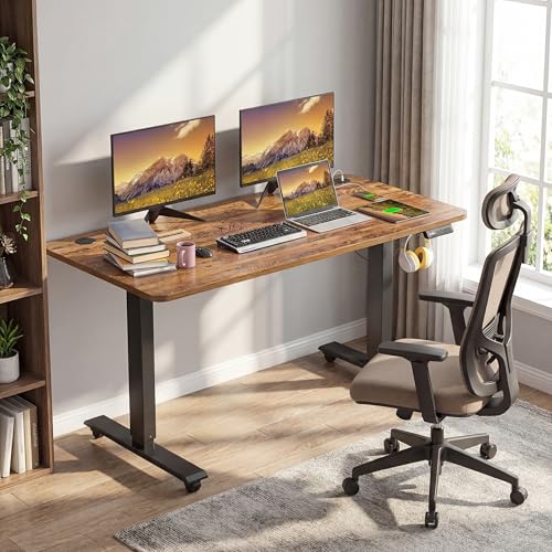 48''×24'' Electric Standing Desk with Power Outlets & Wheels, Brown - color: Brown, size: 48×24''