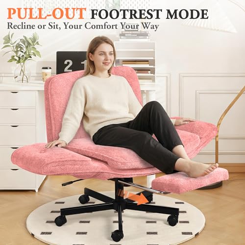 Criss Cross Chair with Footrest & 5 Level Folding Arms Full Relaxation, Wide Cross Legged Office Chair for Home Office, Comfy Swivel Desk Chair with Ottoman, Chenille Vanity Chair (Pink) - color: Pink, style: With Footrest