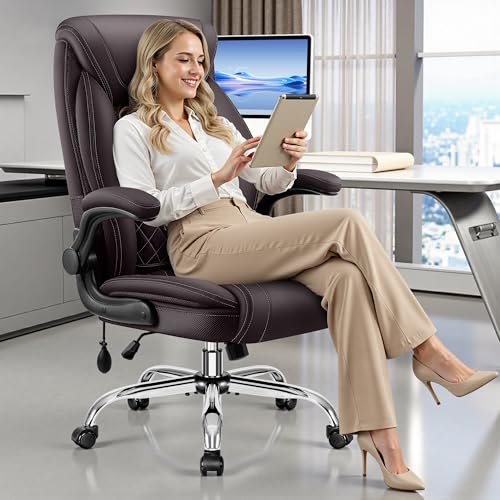 BestGlory Executive Office Chair with Lumbar Support, Big and Tall Ergonomic Computer Desk Chair, Leather Comfy High Back Gaming Chair with Flip Up Arms & Rocking Function for Home Office, Coffee - color: Coffee, size: 4 Pack