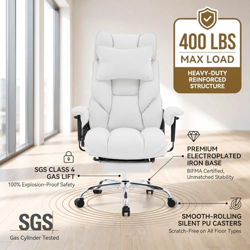 mokodo Big and Tall Office Chair 400lbs, Breathable Fabric Executive Desk Chair with Pocket Spring Cushion, 155° Reclining Computer Chair with Integrated Headrest & Lumbar Pillow (White) - color: White
