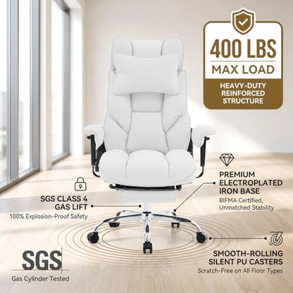 mokodo Big and Tall Office Chair 400lbs, Breathable Fabric Executive Desk Chair with Pocket Spring Cushion, 155° Reclining Computer Chair with Integrated Headrest & Lumbar Pillow (White) - color: White