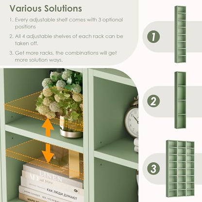 FOTOSOK Bookshelf Bookcase 8-Tier Narrow Bookshelf Tall CD Media Tower Rack | 11.6 X 9.3 X 70.9 Bookshelf, Tall Narrow Slim Skinny Display Bookcase with Cube Storage and 4 Adjustable Shelves, Green - color: Green