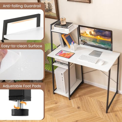 MAT EXPERT Computer Desk with Ladder Shaped Shelves, Compact Home Office Desk w/Monitor Stand & Adjustable Foot Pads, Modern Writing Study Desk PC Laptop Workstation for Home Office (White) - color: White