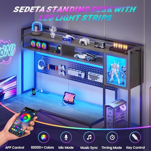 SEDETA Reversible L Shaped Gaming Desk with 6 Drawers, Hutch, Led Lights - color: Grey