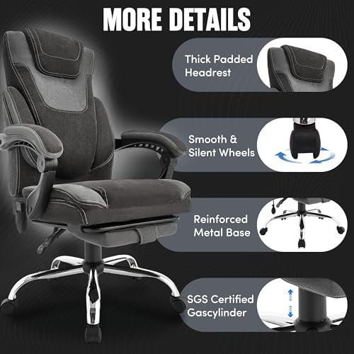 Office Chair with Footrest,6-Point Vibration Massage & Heat Executive Office Chairs,Big and Tall Fabric Office Chair 500LBS,Ergonomic Desk Chair for Heavy People,Recliner with Padded Armrest,Blackgrey