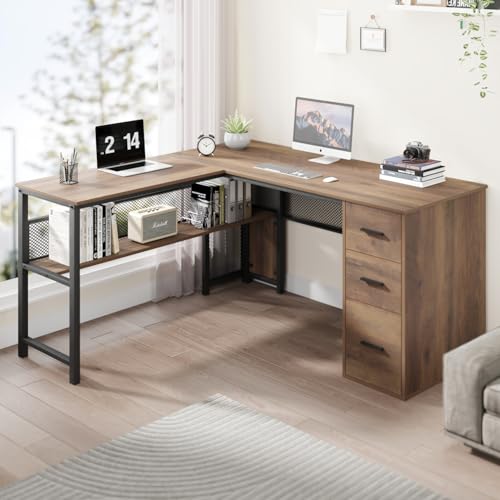 LVB Reversible L Shaped Desk with Drawer, 59" Computer Desk with Storage - color: Rustic Oak