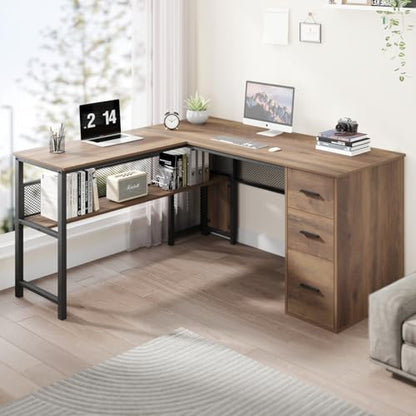 LVB Reversible L Shaped Desk with Drawer, 59" Computer Desk with Storage - color: Rustic Oak