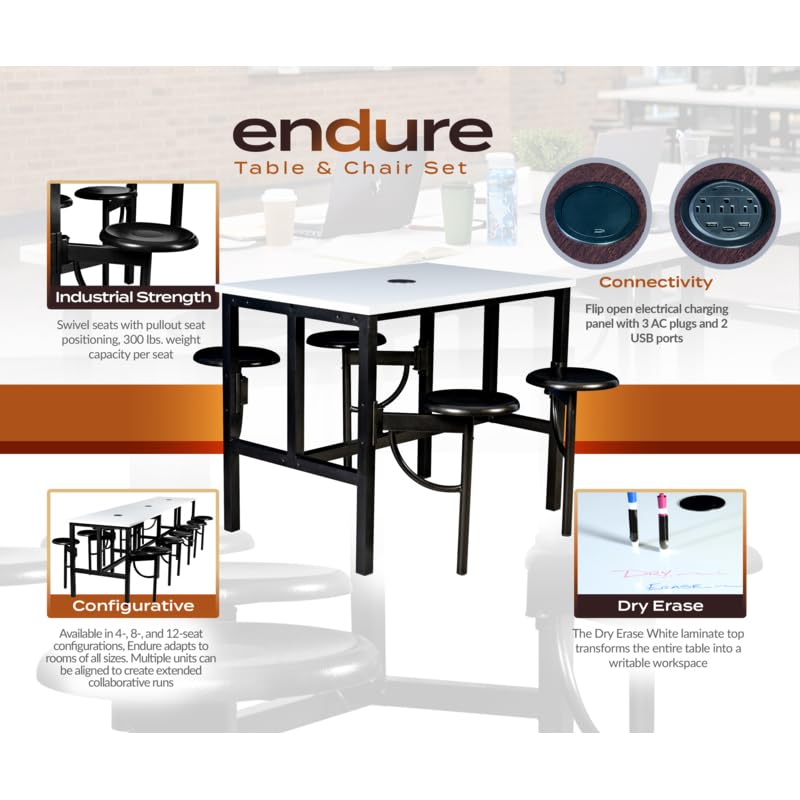 Romig Endure Standing Height Collaborative Table and Chair Set with 4 Pull-Out Swivel Stools, Dry Erase Whiteboard Top, Built-in Power Outlets and USB Charging, Classroom Training Table - color: White, size: 4 Seater
