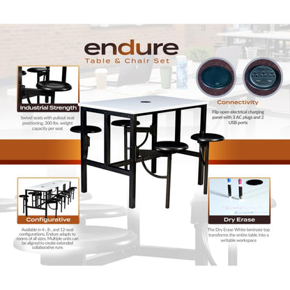 Romig Endure Standing Height Collaborative Table and Chair Set with 4 Pull-Out Swivel Stools, Dry Erase Whiteboard Top, Built-in Power Outlets and USB Charging, Classroom Training Table - color: White, size: 4 Seater