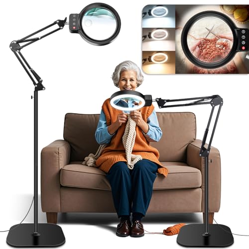 30X 10X Large Floor Magnifying Glass with Light and Stand,72 LED Adjustable Height Floor Magnifying Lamp,2 in 1 Lighted Magnifiers for Close Work, Sewing,Crafts,Hobbies,Reading (Black) - color: Black