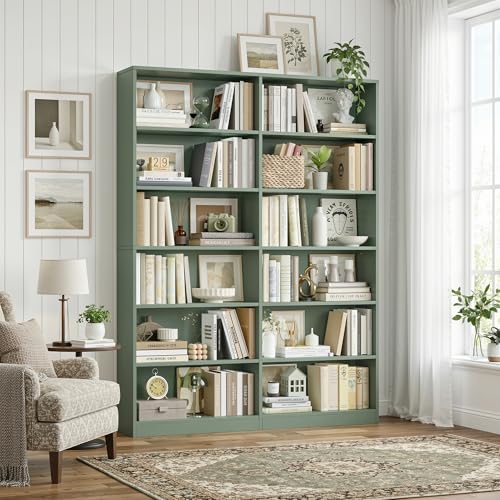 FACBOTALL Bookshelf Tall Bookcase, 6-Tier Double Wide Bookshelves, Green - color: Green