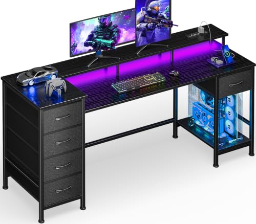 Korfile 55 Inch Gaming Computer Desk with Power Outlets,LED,5 Drawers,Black - color: Black, size: 55 Inch