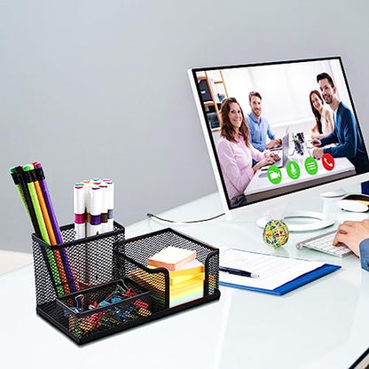 2-Piece Desk Pen & Pencil Organizer - Mesh Metal Pen Cup with Sticky Notes Holder, Black | Pen Cup - style: Square
