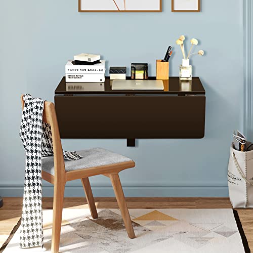 COSTWAY Wall Mounted Folding Table, 31.5" x 23.5" Drop-Leaf Floating Writing Desk for Small Spaces, Space-Saving Fold Down Laptop Workstation for Kitchen, Bedroom, Laundry Room, Study Room (Brown) - color: Brown
