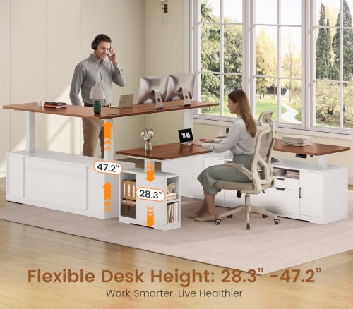 SEDETA Modern L Shaped Executive Electric Standing Desk with 4 Drawers | 69" x 55" Height Adjustable Office Desk with Storage Shelves, Power Outlet, Sit Stand Computer Desk, White and Brown - color: Modern White + Brown