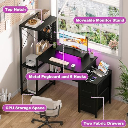 Small Gaming Desk with 2 Fabric Drawers - Reversible Computer Desk with Power Outlet & LED Lights, 49" Office Desk with Monitor Stand & Storage Shelves, Writing Study Table with Pegboard, Black - color: Black