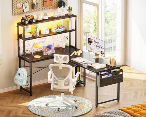 AODK L Shaped Desk Gaming Desk with LED Light & Power Outlet - color: Black, size: 53 Inch