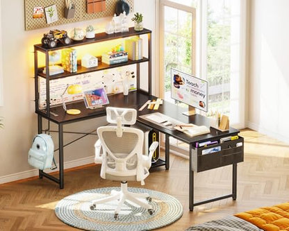 AODK L Shaped Desk Gaming Desk with LED Light & Power Outlet - color: Black, size: 53 Inch