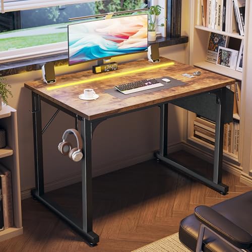 DurayLoly 32" Gaming Desk with Waterproof LED Lights for Bedroom,Brown - color: Rustic Brown, size: 32 IN