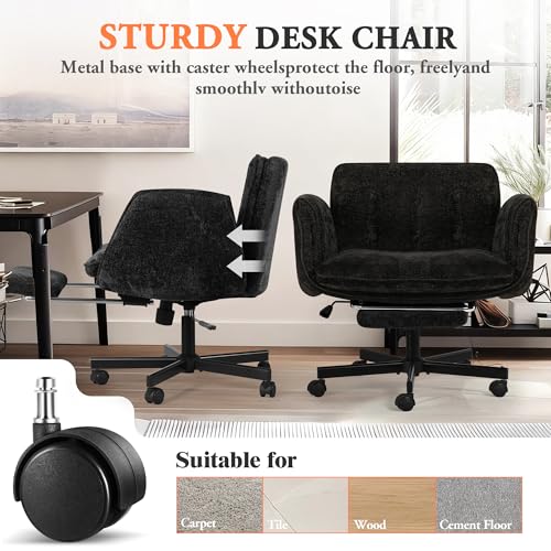 Criss Cross Chair with Footrest & 5 Level Folding Arms Full Relaxation, Wide Cross Legged Office Chair for Home Office, Comfy Swivel Desk Chair with Ottoman, Chenille Vanity Chair (Black) - color: Black, style: With Footrest