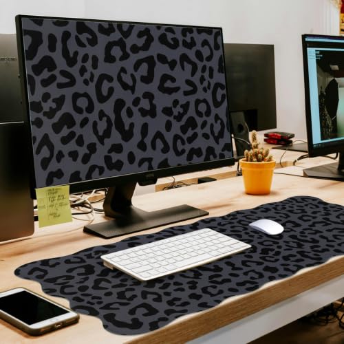 L-SPOUTTO Black Leopard Mouse Pad, Scalloped Desk Mat XXL Gaming Mousepad | Cheetah Gaming Mousepad,35.4x15.7in Non-Slip Base Keyboard Pad Waterproof Desktop Mat for Laptop Computer Game Home Office - color: Black Leopard