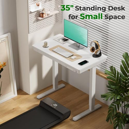 35" Electric Standing Desk with Drawer, 4 Lockable Wheels - color: White Wood-top, size: 35"