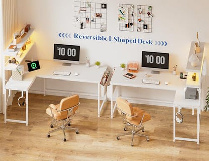 DurayLoly White L Shaped Desk with LED Light & 5 Power Outlet for Gaming | 41 Vivid Lighting Modes LED of Gaming Desk; Built-In Charging Hub (3 AC+2 USB) Charges 5 Devices to Tidy Gaming Station,White - color: White, size: 43Inch
