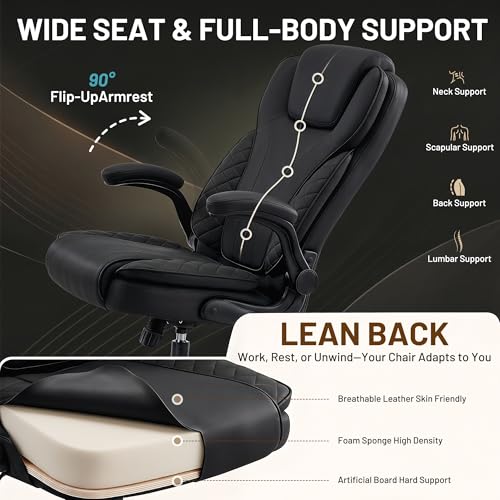 Ergonomic Office Chair, PU Leather High Back Executive Chair with Adjustable Inflatable Lumbar Support and Padded Flip-Up Arms, Recline Swivel Task Computer Chair for Home Office, Black - color: Black