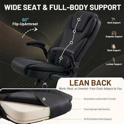 Ergonomic Office Chair, PU Leather High Back Executive Chair with Adjustable Inflatable Lumbar Support and Padded Flip-Up Arms, Recline Swivel Task Computer Chair for Home Office, Black - color: Black