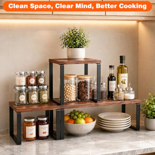 Countertop Organizer Corner Shelf, Wooden 2 Tier Stackable Kitchen Counter Shelves with Non-Slip Pads, Adjustable 3-Piece Desktop Corner Shelf for Desk, Kitchen, Bathroom, Coffee Corner