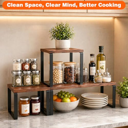 Countertop Organizer Corner Shelf, Wooden 2 Tier Stackable Kitchen Counter Shelves with Non-Slip Pads, Adjustable 3-Piece Desktop Corner Shelf for Desk, Kitchen, Bathroom, Coffee Corner