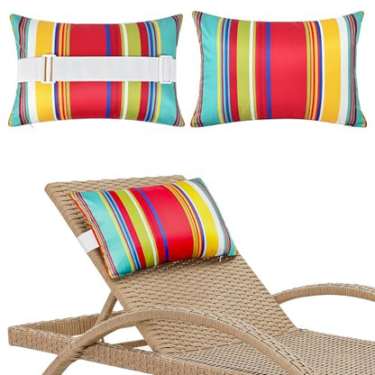 Striped Outdoor Chaise Lounge Head Pillow 11"x16" Set of 2 | Waterproof Headrest Pillows with Insert Adjustable Elastic Strap, Lounge Head Resting Pillow for Recliner Beach Patio Pool - color: Colorful Striped