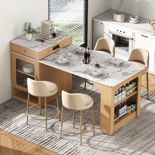 59.5 Inch Kitchen Island with Extendable Dining Table, Natural | Storage cabinet, 2 drawers, outlet, open shelves, glass door, Particle Board and MDF for kitchen or dining room - color: Natural + Faux Marble Table + Particle Board+mdf + Particle Board