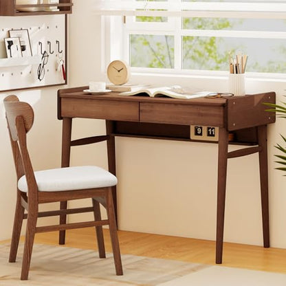 Tangkula Bamboo Mid Century Desk with 2 Storage Drawers, Home Office Study Writing Desk with Shelf & Cable Management Groove, Home Office Desk for Working & Learning (Brown) - color: Brown