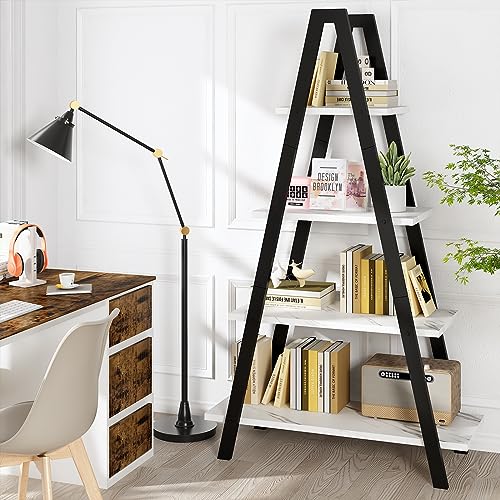 Recaceik 4-Tier A-Shaped Ladder Bookshelf, Industrial Faux Mable Bookcase with Metal Frame, Farmhouse Open Display Shelves for Living Room, Bedroom, Office - color: White