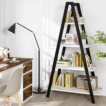 Recaceik 4-Tier A-Shaped Ladder Bookshelf, Industrial Faux Mable Bookcase with Metal Frame, Farmhouse Open Display Shelves for Living Room, Bedroom, Office - color: White
