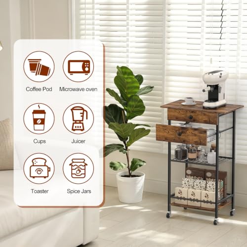 ETELI Coffee Cart Station with Lockable Wheels and Coffee Pod Storage | 5 Tier Coffee Bar Cart with 2 Drawers and Wire Mesh Storage for Kitchen Living Room Office Coffee Nook, Rustic Brown