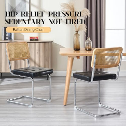 KCC Modern Dining Chairs Set of 2, Faux Leather Rattan Chair,Black | Mid Century Kitchen Side Chairs with Metal Legs and Upholstered Seat for Dining Room,Living Room,Bedroom,Silver Legs - color: Black+silver Legs, size: Set of 2