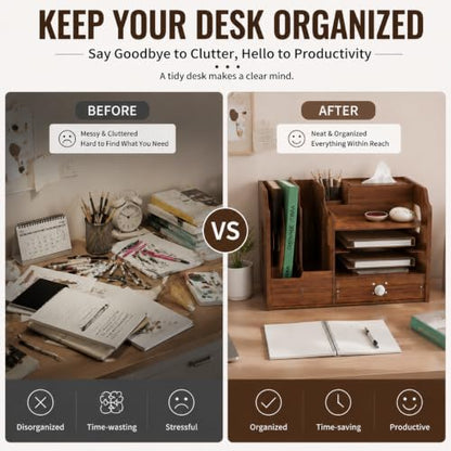 Desktop Organizer with Lockable Drawer and Keys, Desk Shelf with Tissue Box, Dual File Holders & 3-Tier Shelves, Multi-Functional Office Storage Rack 22.0×10.6×6.7 Inch for Office and Study Room