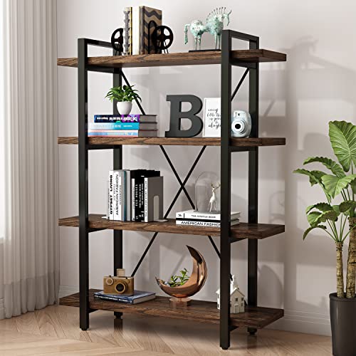 4 Tier Bookshelf Solid Wood Bookcase and Book Shelves Wood and Metal Shelving Rustic Open Bookshelf Office,Distressed Brown (AY-02-4Tier) - size: 4Tier