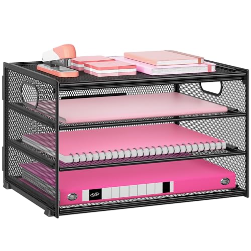 Lavatino 3-Tier Letter Tray Desk Organizer, Mesh Metal Paper File Tray Organizer for Desk, Office Supplies & Home Organization, Fits A4 Paper, Mail, Magazines & Office Accessories (Black with Handle) - color: 4-tier With Handle - Black