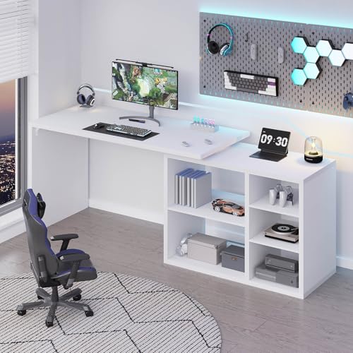 HSH White L Shaped Desk with Storage, Home Office Desk for Work, 55 Inch - color: White Oak